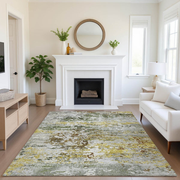 HomeRoots 9' X 12' Gold and Beige Abstract Washable Area Rug - Durable, UV-Protected, Modern Design for Any Room 704968