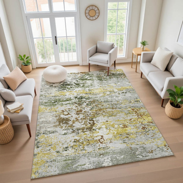 HomeRoots 9' X 12' Gold and Beige Abstract Washable Area Rug - Durable, UV-Protected, Modern Design for Any Room 704968