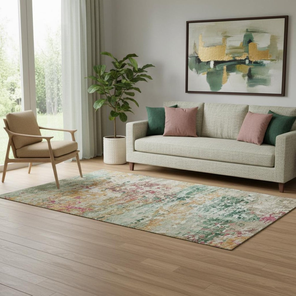 HomeRoots 5' X 8' Vibrant Orange, Teal & Blush Abstract Washable Area Rug with UV Protection for Easy Care 704971