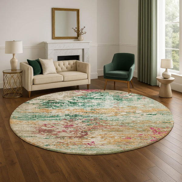 HomeRoots 8' Vibrant Orange, Teal & Blush Abstract Round Rug - Washable, UV-Protected & Stain-Resistant Design 704972