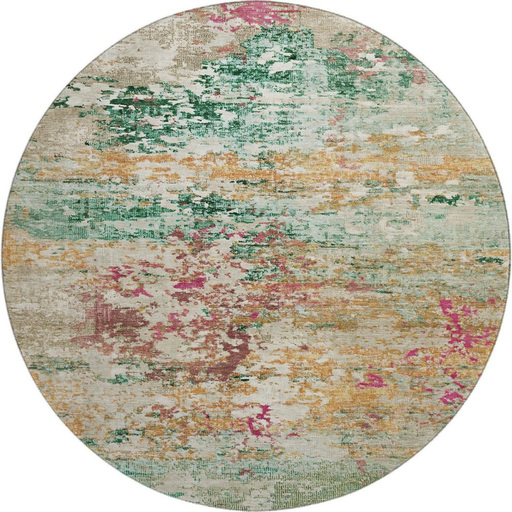 HomeRoots 8' Vibrant Orange, Teal & Blush Abstract Round Rug - Washable, UV-Protected & Stain-Resistant Design 704972
