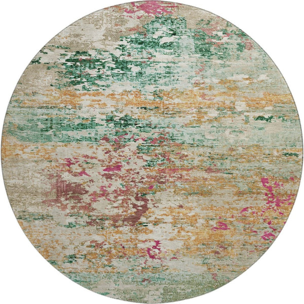 HomeRoots 8' Vibrant Orange, Teal & Blush Abstract Round Rug - Washable, UV-Protected & Stain-Resistant Design 704972