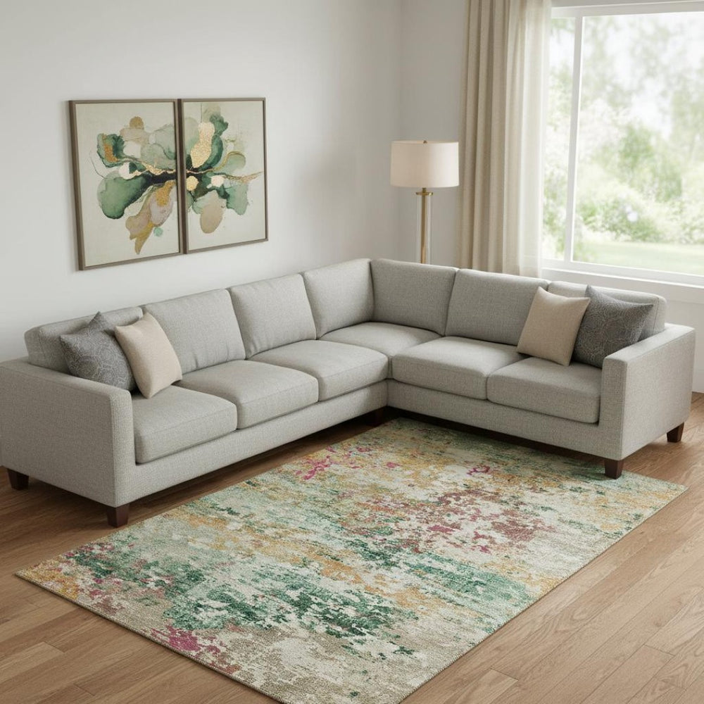 HomeRoots 9' X 12' Vibrant Abstract Area Rug in Orange, Teal & Blush - Washable, UV Resistant & Stain Repellent 704974