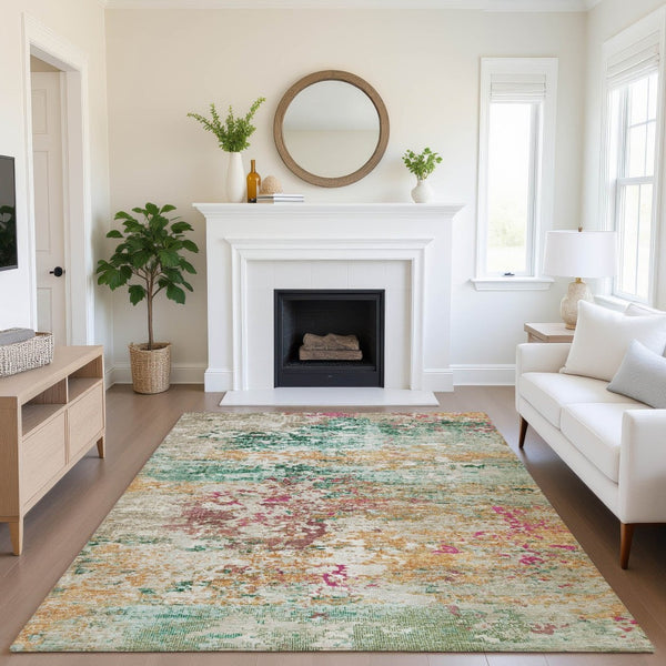 HomeRoots 9' X 12' Vibrant Abstract Area Rug in Orange, Teal & Blush - Washable, UV Resistant & Stain Repellent 704974