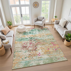 HomeRoots 9' X 12' Vibrant Abstract Area Rug in Orange, Teal & Blush - Washable, UV Resistant & Stain Repellent 704974