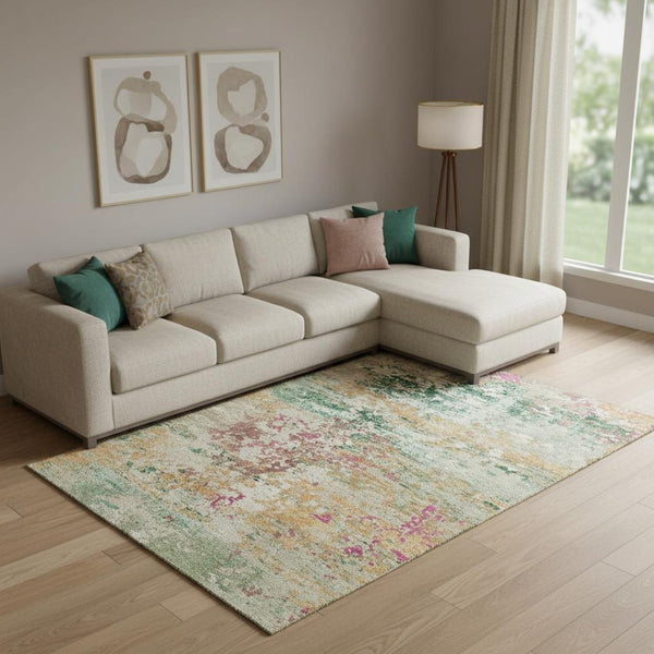 HomeRoots 10' Abstract Washable Area Rug in Bold Orange, Teal & Blush - UV Protected, Family-Friendly Design 704975