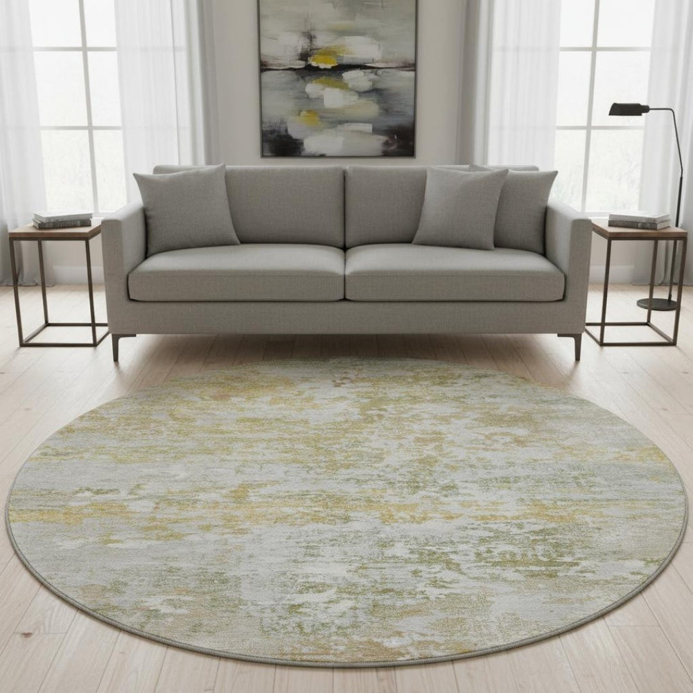 HomeRoots 8' Sage and Ivory Abstract Round Rug - Washable, UV Protected, Durable Design for Modern Spaces 704978