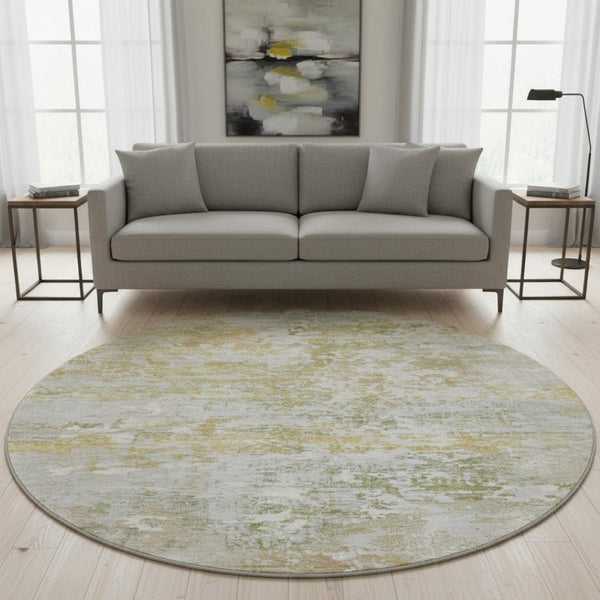HomeRoots 8' Sage and Ivory Abstract Round Rug - Washable, UV Protected, Durable Design for Modern Spaces 704978
