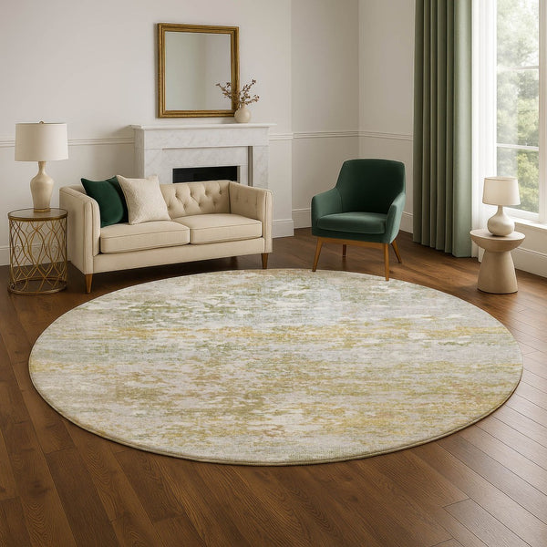 HomeRoots 8' Sage and Ivory Abstract Round Rug - Washable, UV Protected, Durable Design for Modern Spaces 704978