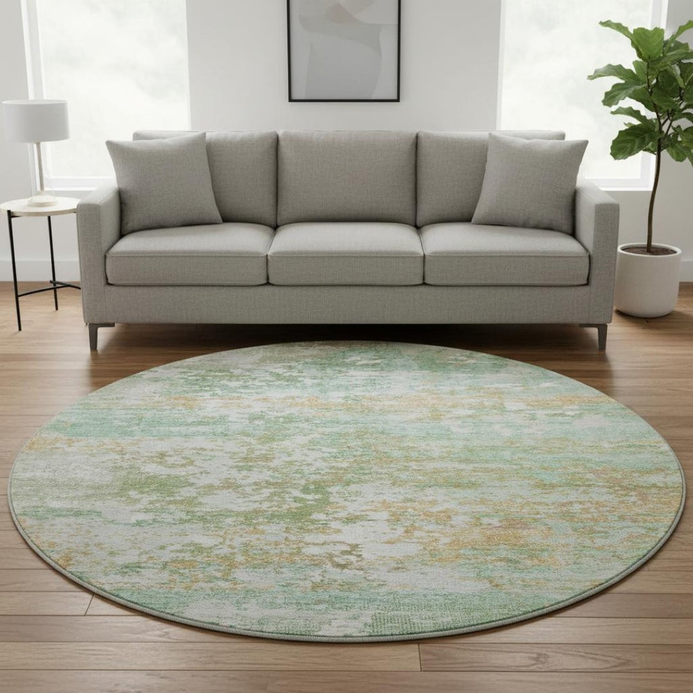 HomeRoots 8' Teal Ivory & Copper Abstract Round Rug - Washable, UV Protected, Stain Resistant & Family Friendly 704984