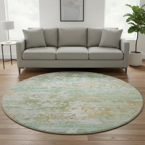 HomeRoots 8' Teal Ivory & Copper Abstract Round Rug - Washable, UV Protected, Stain Resistant & Family Friendly 704984