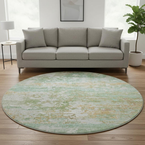 HomeRoots 8' Teal Ivory & Copper Abstract Round Rug - Washable, UV Protected, Stain Resistant & Family Friendly 704984