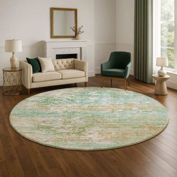 HomeRoots 8' Teal Ivory & Copper Abstract Round Rug - Washable, UV Protected, Stain Resistant & Family Friendly 704984