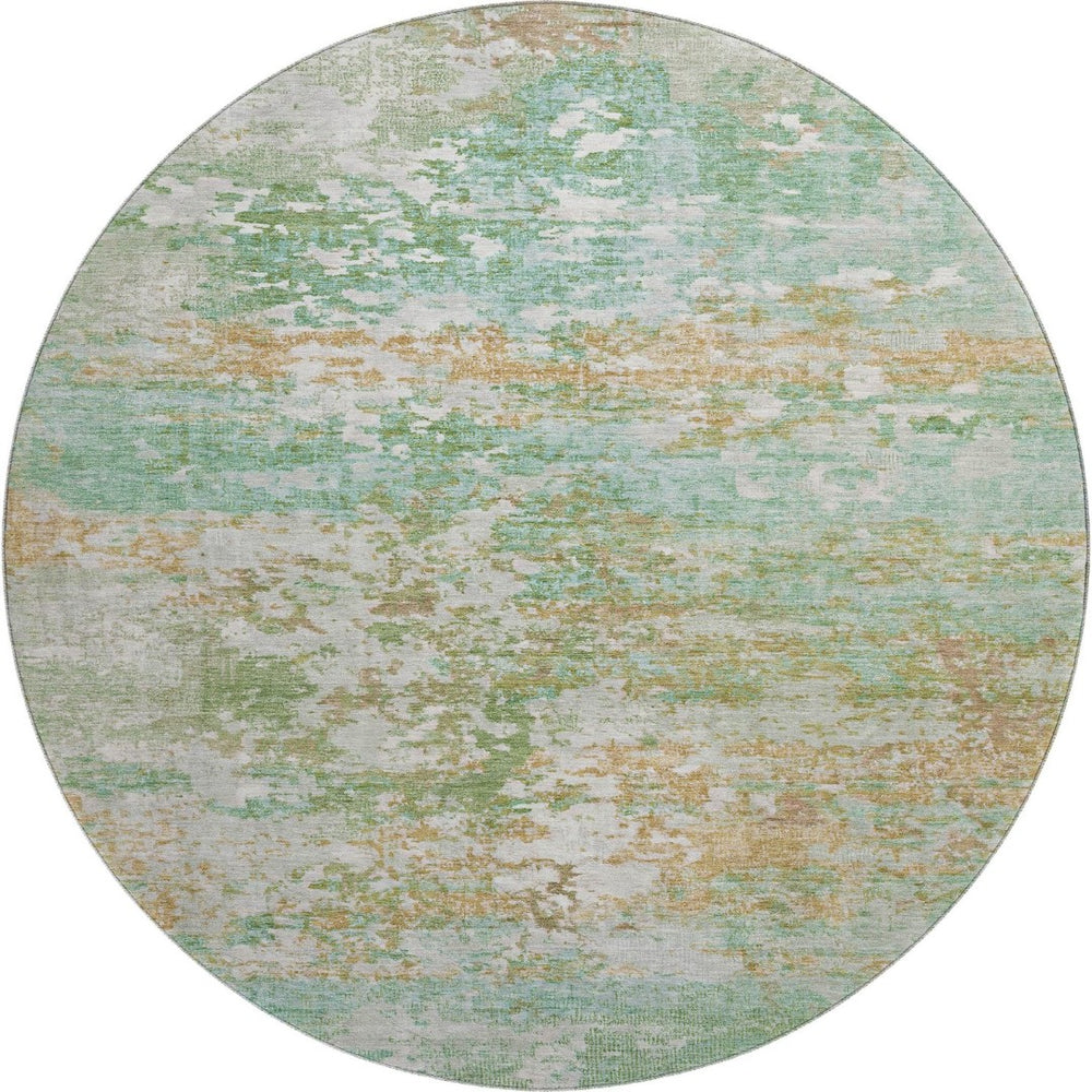 HomeRoots 8' Teal Ivory & Copper Abstract Round Rug - Washable, UV Protected, Stain Resistant & Family Friendly 704984