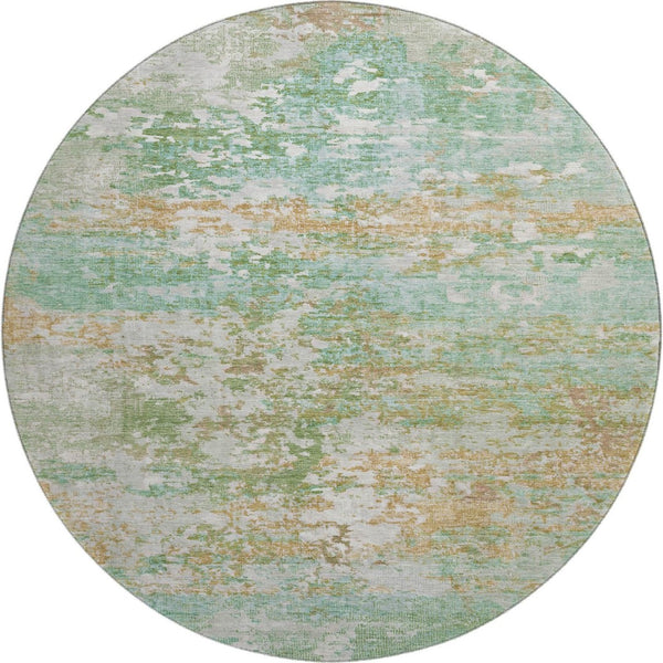HomeRoots 8' Teal Ivory & Copper Abstract Round Rug - Washable, UV Protected, Stain Resistant & Family Friendly 704984