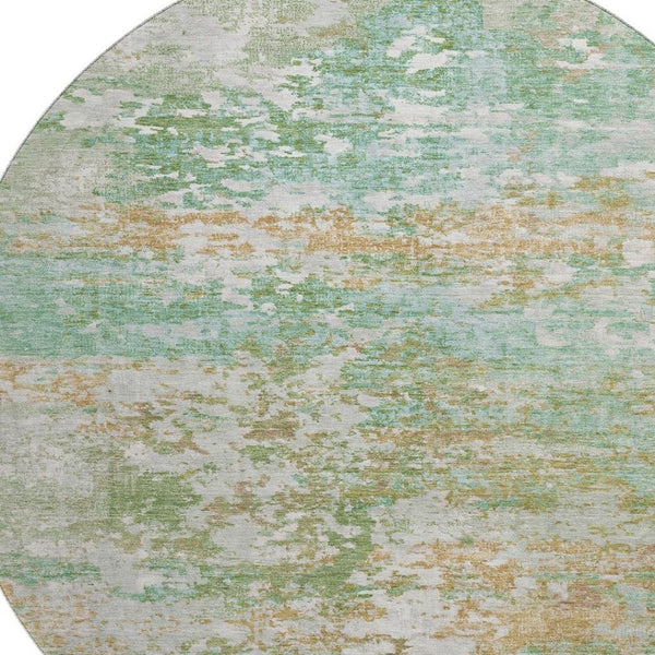 HomeRoots 8' Teal Ivory & Copper Abstract Round Rug - Washable, UV Protected, Stain Resistant & Family Friendly 704984
