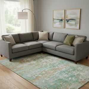 HomeRoots 9' X 12' Teal Ivory Copper Abstract Rug - Durable, Washable, UV Protected, Perfect for Busy Homes! 704986