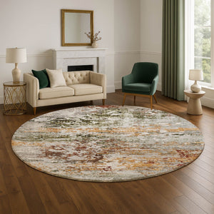 HomeRoots 8' Terra Cotta, Ivory & Gray Abstract Washable Round Rug with UV Protection for Busy Homes & Style 704990
