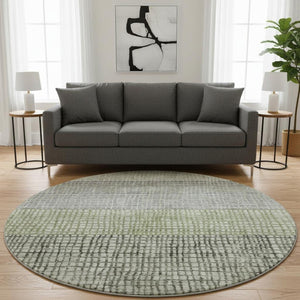 HomeRoots 8' Artichoke Green Ivory Gray Geometric Washable Round Rug with UV Protection for Modern Spaces 704996