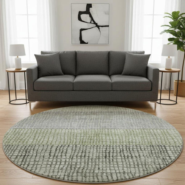HomeRoots 8' Artichoke Green Ivory Gray Geometric Washable Round Rug with UV Protection for Modern Spaces 704996