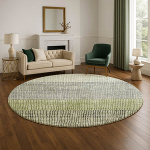 HomeRoots 8' Artichoke Green Ivory Gray Geometric Washable Round Rug with UV Protection for Modern Spaces 704996