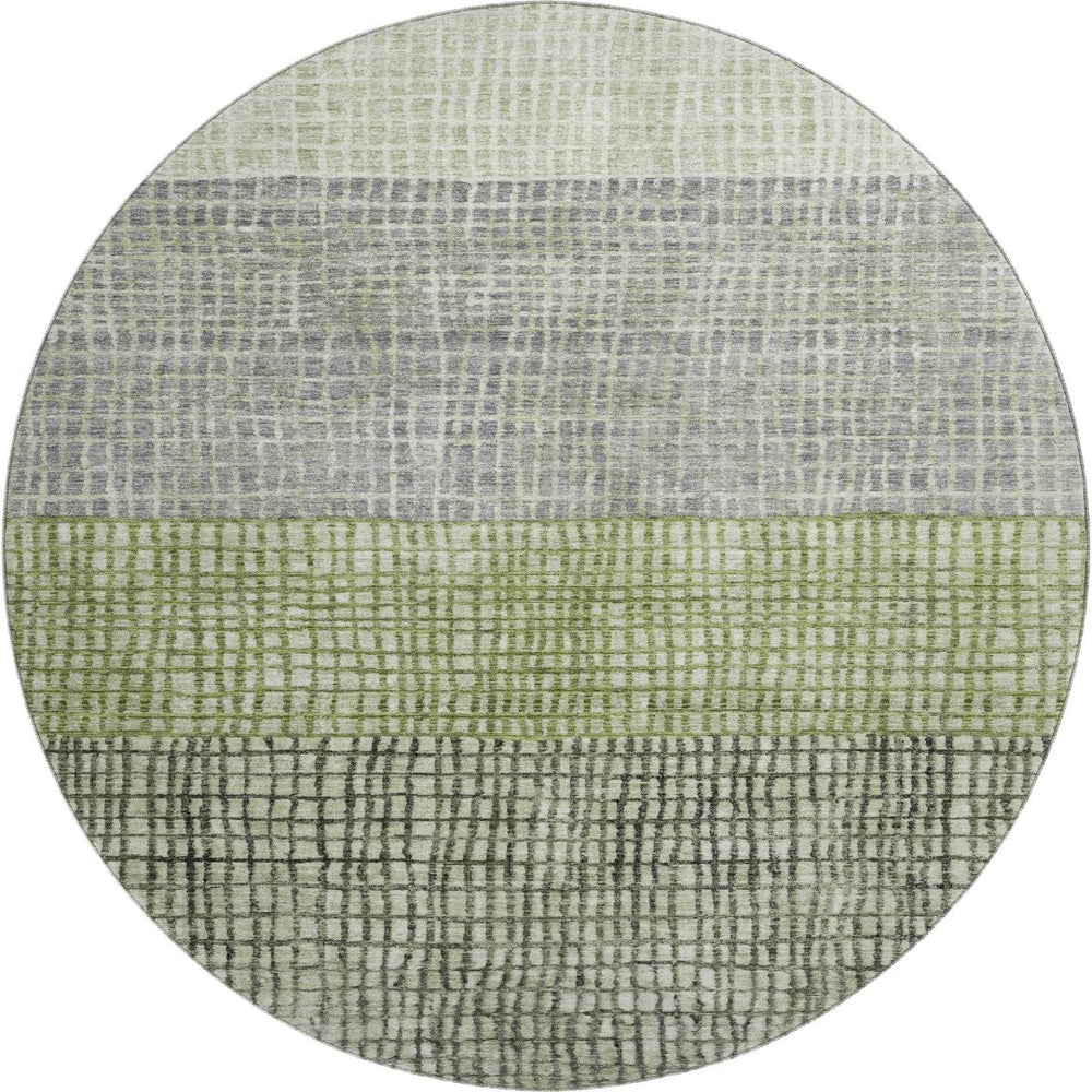 HomeRoots 8' Artichoke Green Ivory Gray Geometric Washable Round Rug with UV Protection for Modern Spaces 704996