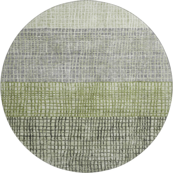 HomeRoots 8' Artichoke Green Ivory Gray Geometric Washable Round Rug with UV Protection for Modern Spaces 704996