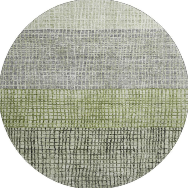 HomeRoots 8' Artichoke Green Ivory Gray Geometric Washable Round Rug with UV Protection for Modern Spaces 704996
