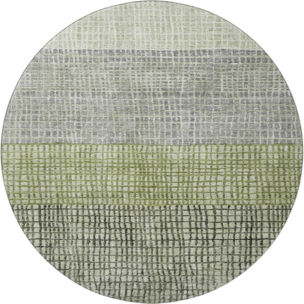 HomeRoots 8' Artichoke Green Ivory Gray Geometric Washable Round Rug with UV Protection for Modern Spaces 704996