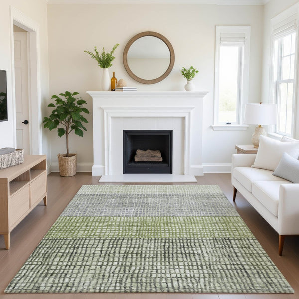 HomeRoots 8' x 10' Artichoke Green Geometric Washable Area Rug - Durable, UV-Protected, Non-Slip Design for Homes 704997