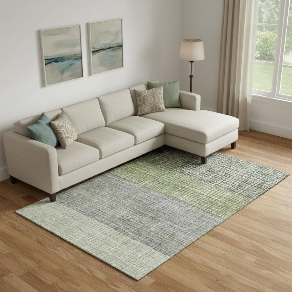 HomeRoots 10' Washable Geometric Area Rug in Artichoke Green, Ivory & Gray - Durable, UV-Protected Design! 704999