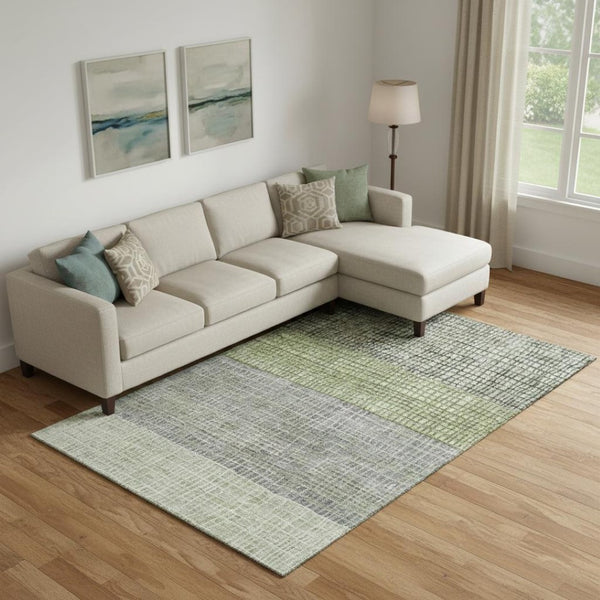 HomeRoots 10' Washable Geometric Area Rug in Artichoke Green, Ivory & Gray - Durable, UV-Protected Design! 704999