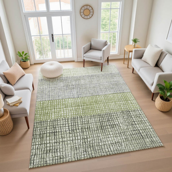 HomeRoots 10' Washable Geometric Area Rug in Artichoke Green, Ivory & Gray - Durable, UV-Protected Design! 704999