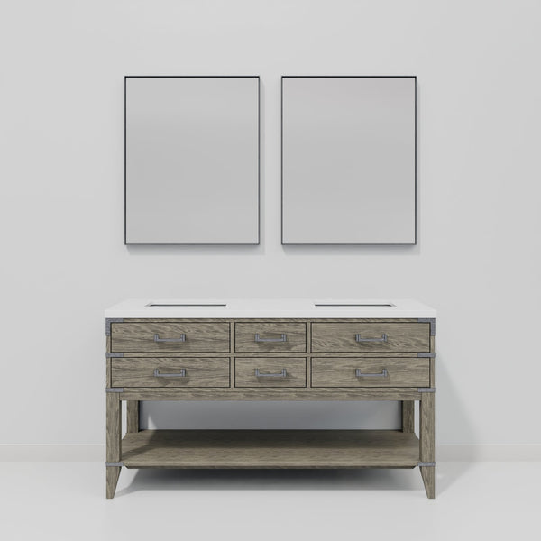 English Elm Grey Oak Double Bath Vanity With Cultured Marble Top & Mirrors - Elegant Storage Solution 60" W B2731S01639