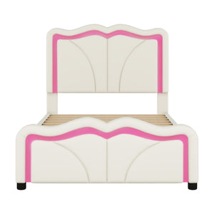 English Elm Twin Upholstered Platform Bed with Curved Headboard, Adjustable Heights, Sturdy Pine Frame, LED Accent Lights White WF323748AAK