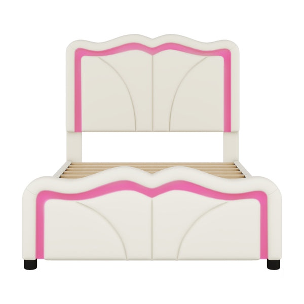 English Elm Twin Upholstered Platform Bed with Curved Headboard, Adjustable Heights, Sturdy Pine Frame, LED Accent Lights White WF323748AAK