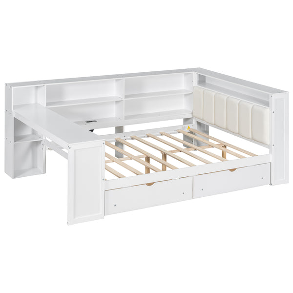 English Elm Wood Full Size Gaming Loft Bed with Integrated Desk, Shelves, LED Lighting & Hanging Clothes Rack Beige+White N7090001047K