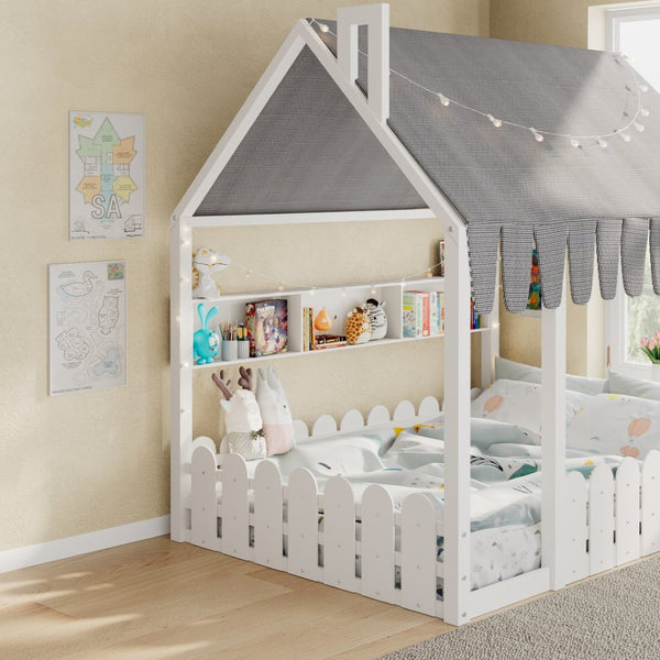 English Elm {slats Are Not Included} Twin Montessori House Floor Bed Kids Tent Lights Shelves Pinewood Frame White N708P407963K