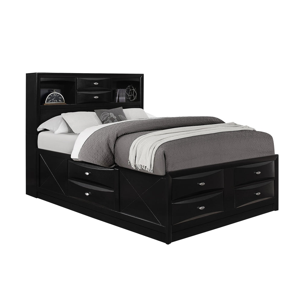 English Elm LUCILLE full bed with built-in bookcase headboard, 6 under-bed storage drawers, slatted base Black 59.02 L x 14.61 W x 33.94 H B201S00264