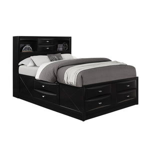 English Elm LUCILLE full bed with built-in bookcase headboard, 6 under-bed storage drawers, slatted base Black 59.02 L x 14.61 W x 33.94 H B201S00264