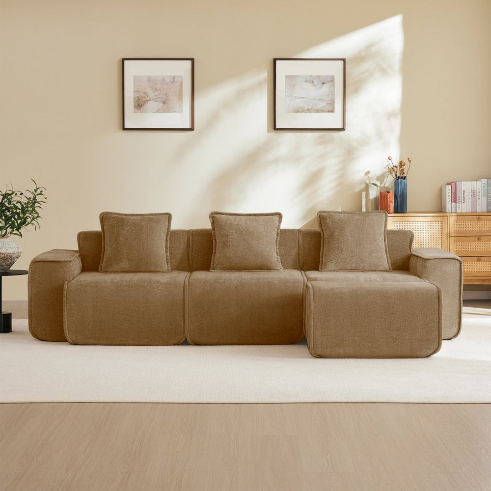 English Elm Streamlined Velvet L-shaped Sectional Sofa with Ottoman and Cloud Cushion Living Room Brown W3041S00373
