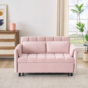 English Elm 52 Pink Modern Velvet Sofa Bed 3-in-1 Convertible Loveseat with Pillows, Pockets, Metal Legs, Compact Design W1658P266338