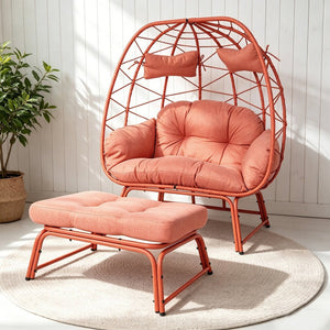 English Elm Double Wicker Egg Chair with Ottoman Bohemian Pe Rattan Outdoor Lounge Patio Set T5880P501487