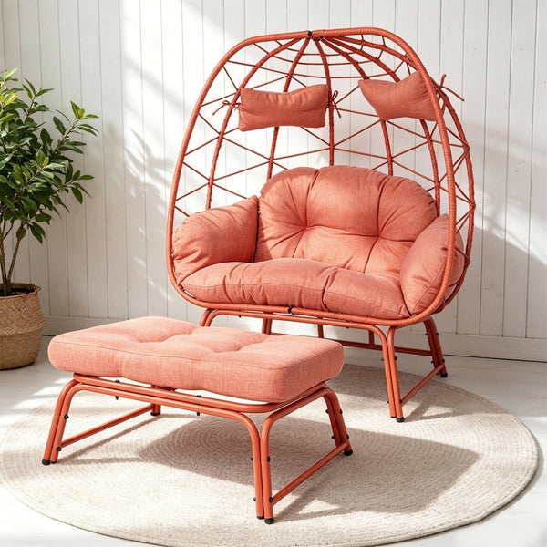 English Elm Double Wicker Egg Chair with Ottoman Bohemian Pe Rattan Outdoor Lounge Patio Set T5880P501487