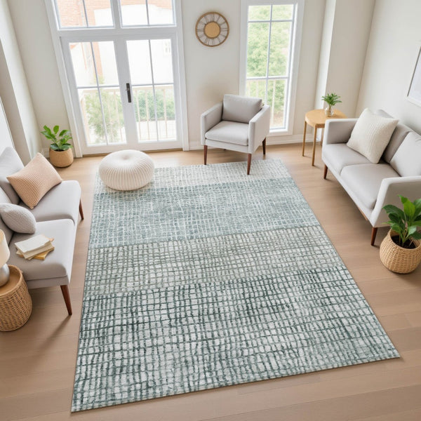 HomeRoots 9' X 12' Stylish Aqua Ivory Gray Geometric Area Rug with UV Protection & Stain Resistance for Homes 705004