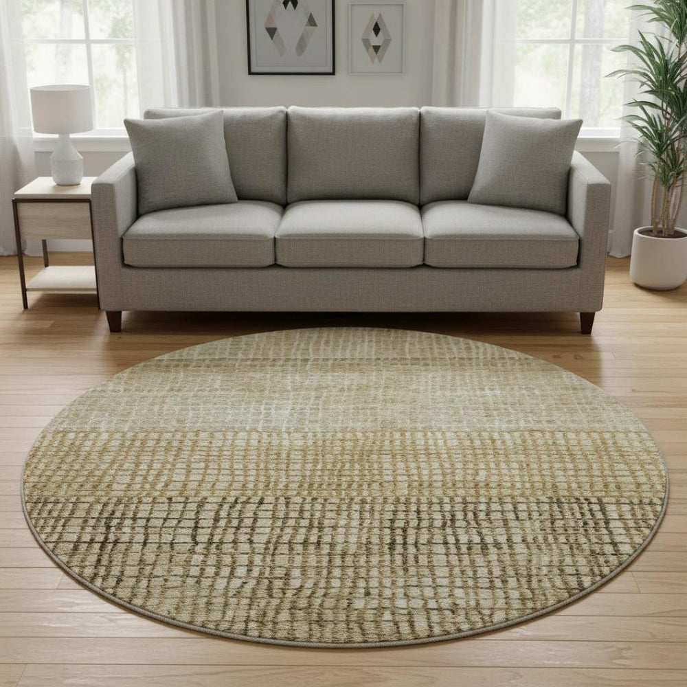 HomeRoots 8' Modern Brown and Beige Geometric Washable Round Rug with UV Protection for High-Traffic Areas 705014