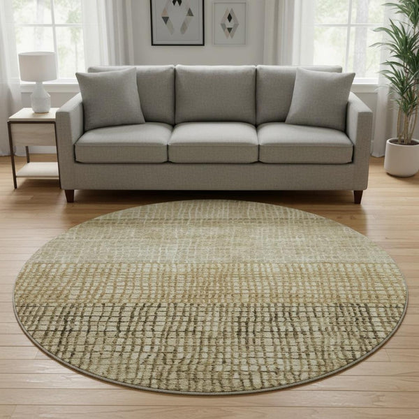 HomeRoots 8' Modern Brown and Beige Geometric Washable Round Rug with UV Protection for High-Traffic Areas 705014