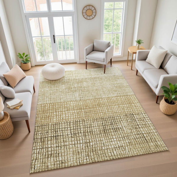 HomeRoots 8' X 10' Modern Brown and Beige Geometric Washable Area Rug with UV Protection for Easy Care 705015