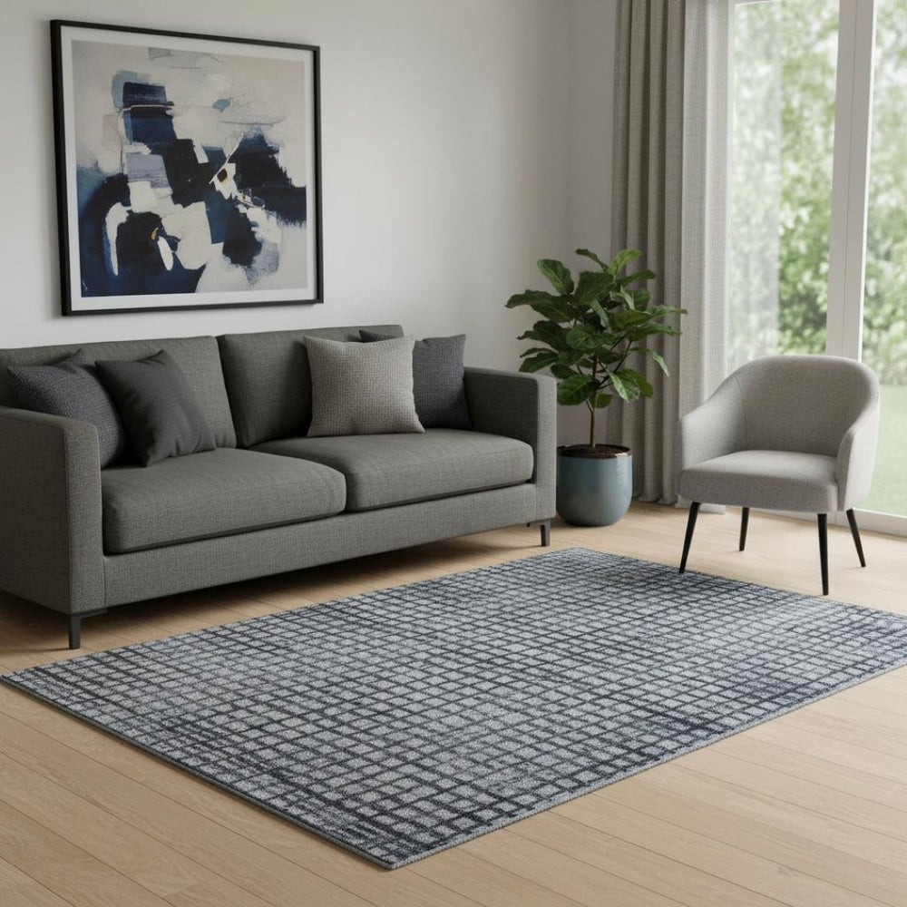 HomeRoots 5' Blue and Gray Geometric Area Rug - Washable, Durable, UV-Protected, Family-Friendly Accent Piece 705019