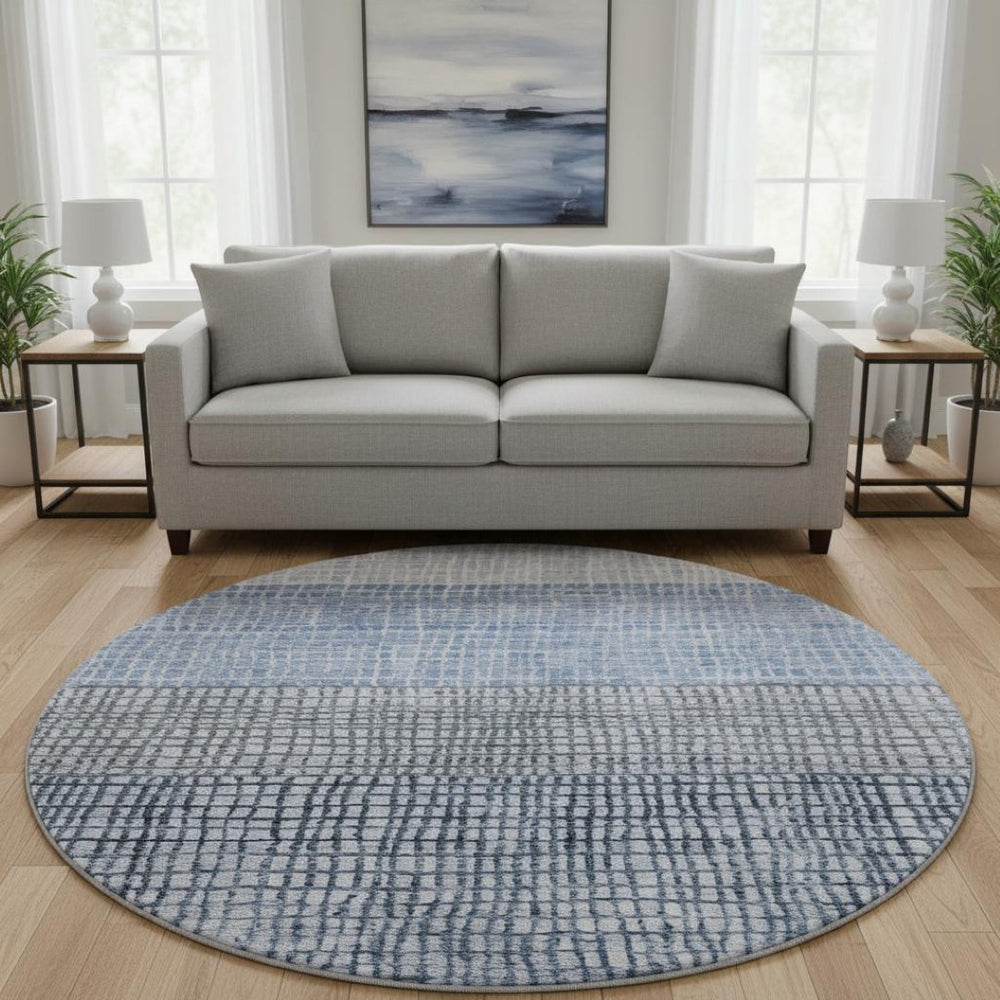 HomeRoots 8' Modern Blue and Gray Geometric Washable Round Rug with UV Protection for High-Traffic Areas 705020
